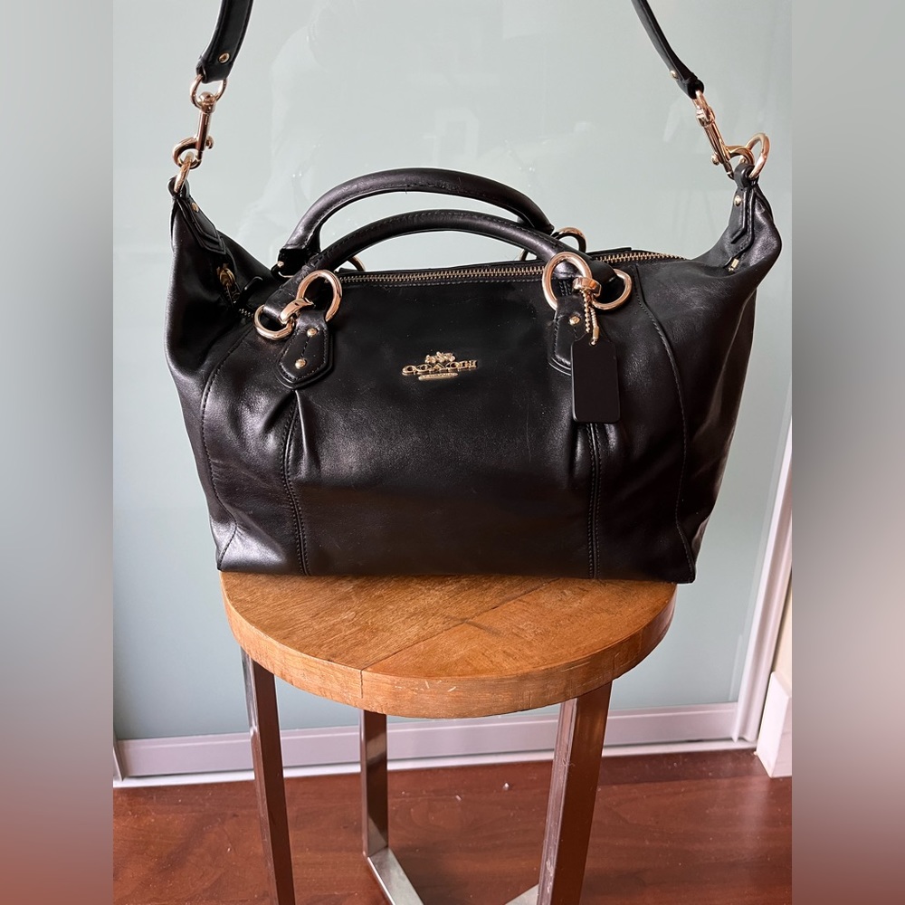 Coach New York
Zip top black patent leather 
Duffle style